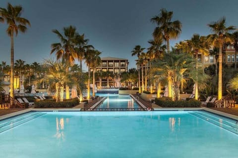 Palm-lined and glowing, this pool is made for unforgettable evenings.