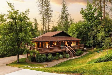 Welcome to Buckeye Treehouse. A cozy wooden cabin with a wraparound deck, nestled among tall pine trees. String lights adorn the deck, creating a warm ambiance. The cabin is surrounded by lush greenery, making it a serene, natural retreat.