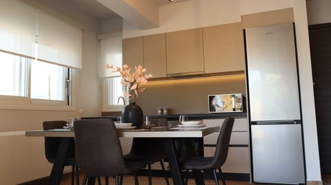 Panoramic Apartment (Avra) | Private kitchen | Full-size fridge, microwave, oven, stovetop