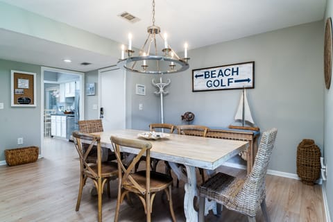 The dining room and kitchen open to one another