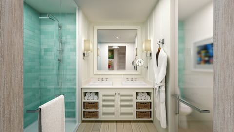 Shower, rainfall showerhead, free toiletries, hair dryer