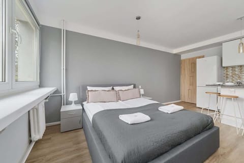 A cozy bedroom with a double bed, gray bedding, and a large window providing natural light.
