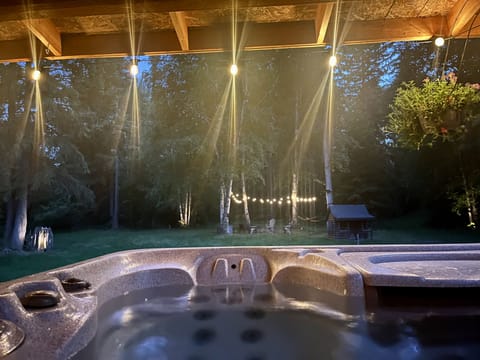 Our private spa fits 4 adults with amazing views of the yard and forest beyond!