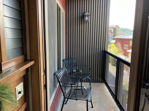 The patio looks out at the waterpark.