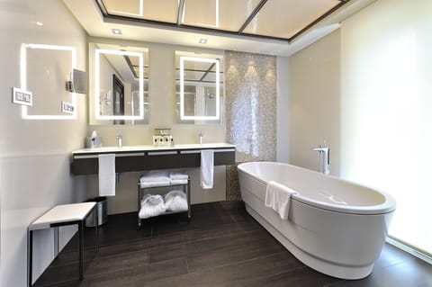 Separate tub and shower, rainfall showerhead, hair dryer, bathrobes