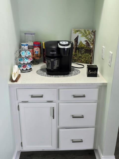 Keurig Coffee maker, with k-pods, sugar, milk, tea, etc.
