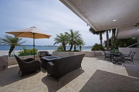 Front Patio with seating and bay views