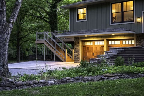 Stairs to the balcony deck with seating