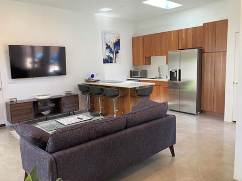 Living and kitchen with custom cabinates and stainless steel appliances.