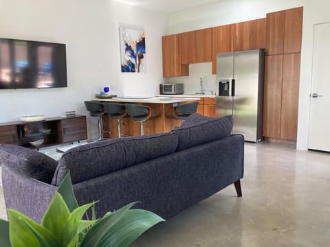 Living room with polished concrete floors.