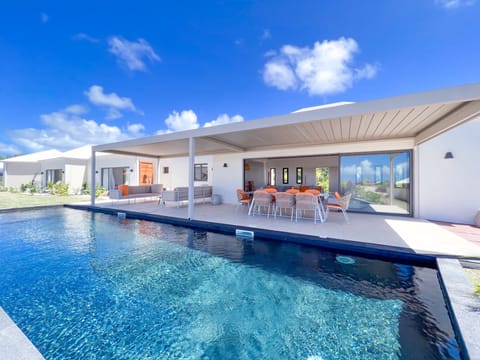 Modern luxury villa with a deep blue pool, furnished outdoor terrace, and floor-to-ceiling windows providing an unobstructed view.
