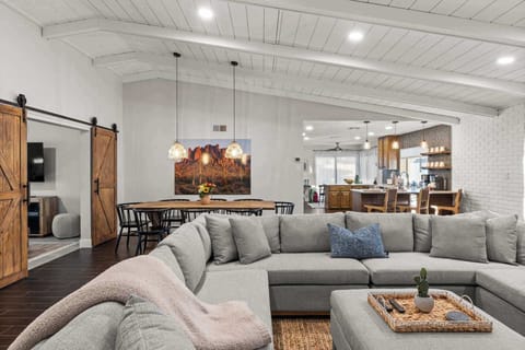 Great open floor plan with high wood plank ceilings and warm organic woods throughout.