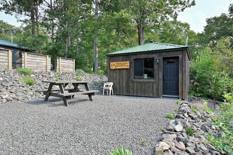 A small, rustic dark wood cabin with a green metal roof and a "Bear Bungalow" sign, featuring a picnic table on a grey gravel patio.