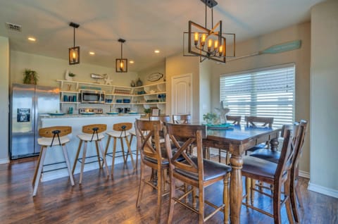 Dining table has seating for 8.