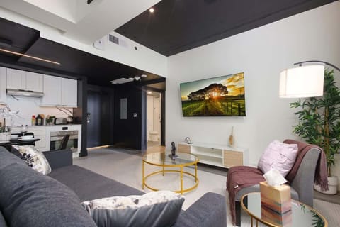 Bright open-concept space with a sofa bed and TV.