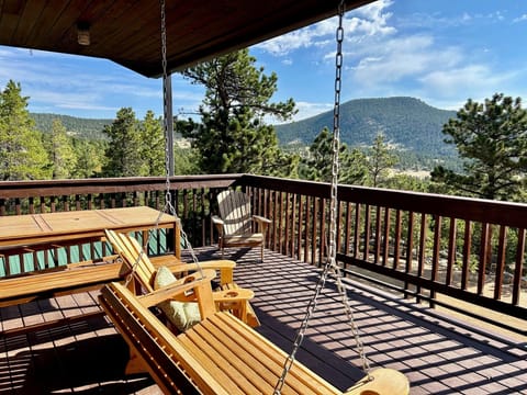 500 sq ft deck with dining table, swing, Adirondak chairs and gas grill.