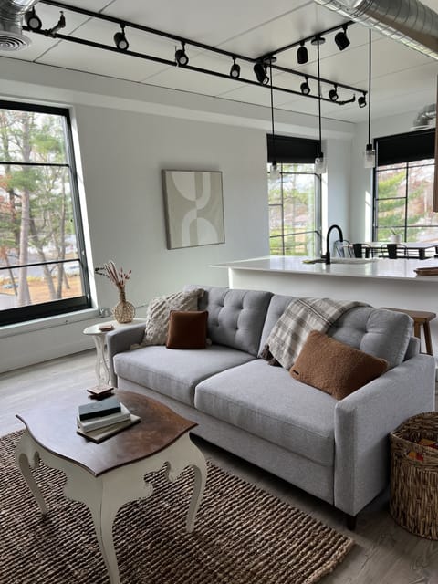 Oversized windows w/ blackout shades flood living/dining space with light