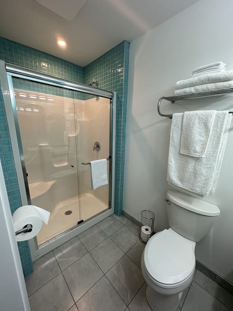 Shower, free toiletries, towels, soap