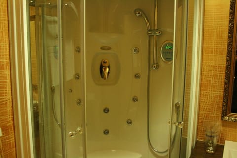 Shower, free toiletries, hair dryer, bathrobes