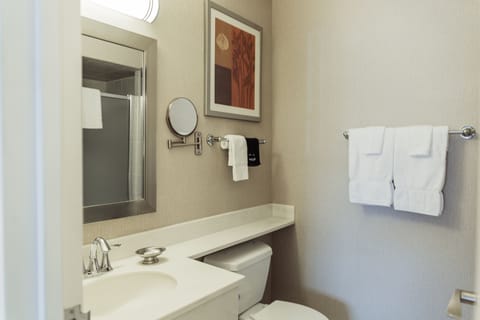 Hair dryer, towels, soap, shampoo