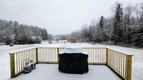 Deck with Weber grill and backyard views