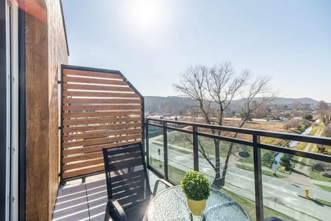 A balcony view overlooking a green area and trees, with stylish wooden railings adding privacy.

