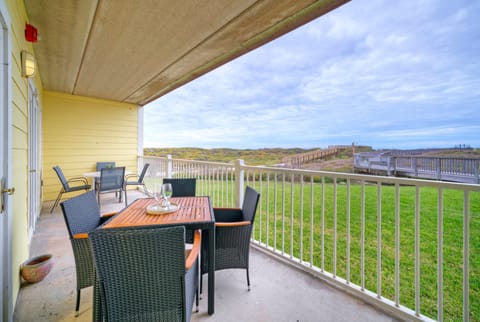 Patio features double tables and ocean views.