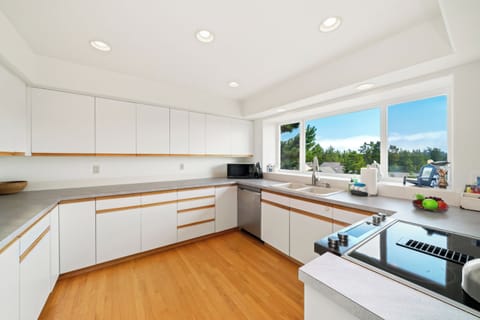 First floor with 3 bedrooms, kitchen, dining, living area, and access to outdoor space and garage. 
Living room with pellet stove, streaming TV. Kitchen with lots of counter space and storage.