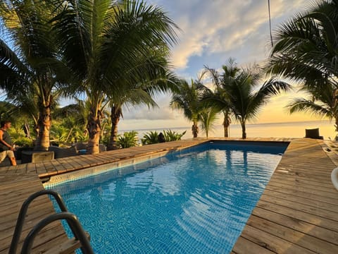 Oceanfront pool deck framed by palms