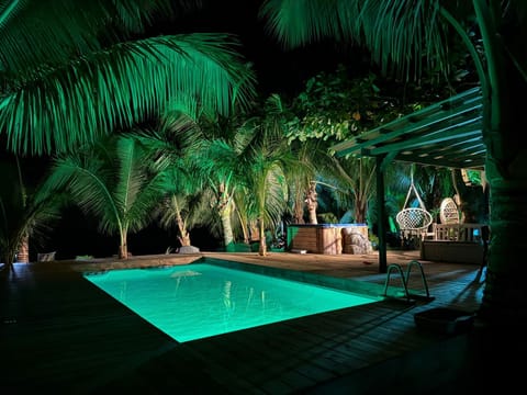 Tropical pool at night with lush greenery and ambient lighting
