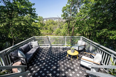 String lights surround the space to enjoy in the evening.