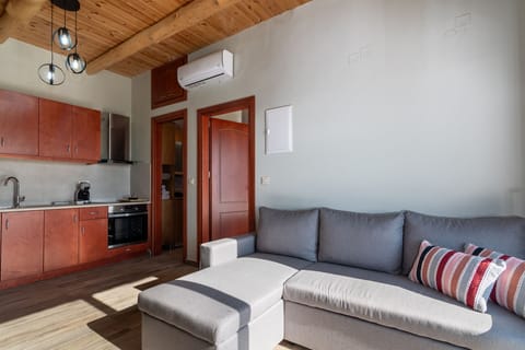 The living room and kitchen