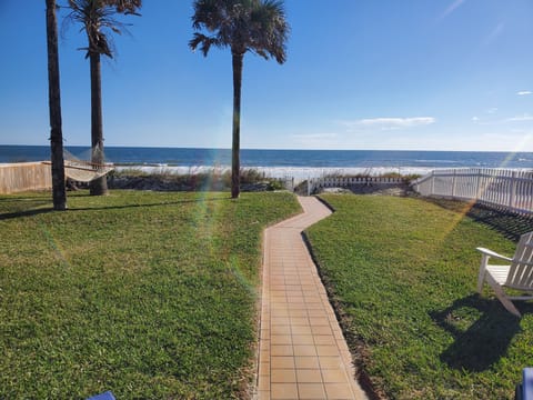 Scenic backyard with a direct pathway to the beach, framed by palm trees.