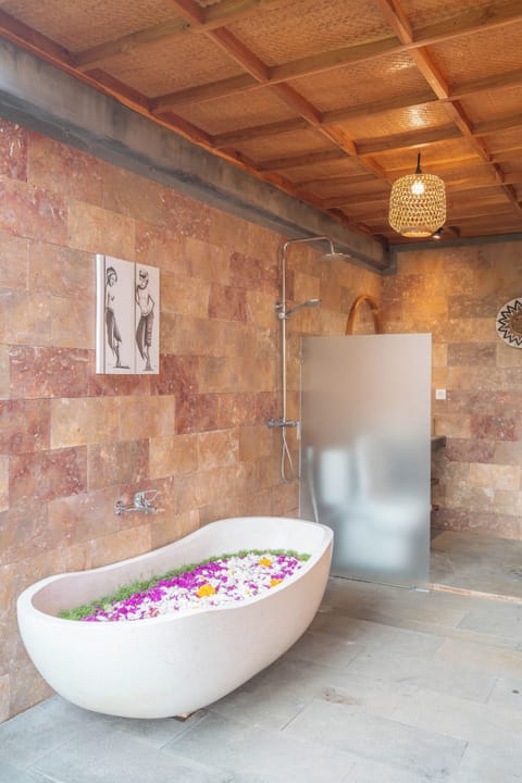 Separate tub and shower, free toiletries, hair dryer, slippers