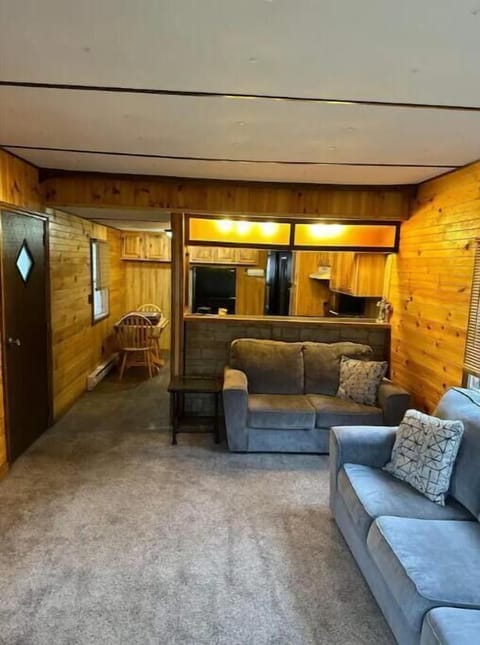 Living room with wood plank wall, couches.