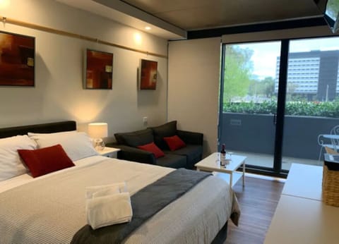 Homey and tidy bedroom built with sliding door mirrored cabinets where you can place your clothes and other belongings orderly. There is also a transparent glass wall to see the amazing view outside.