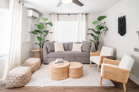 Spacious living room with good natural lighting as well as ceiling light. There is a ceiling fan, split unit AC, as well as central AC. Sofa can convert to a bed.