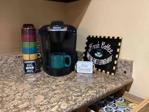 Keurig coffee maker & 4 cup drip maker under counter. Coffee and tea provided. 