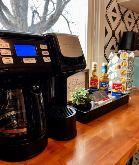 Enjoy the mornings! Kcups, coffee essentials and tea provided.