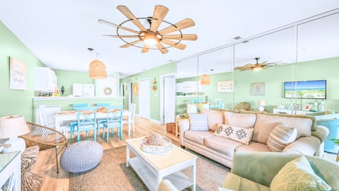 A cheerful living and dining space made for relaxing together.