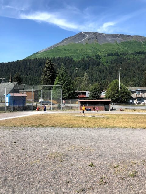 Views of Mt. Marathon and one block from baseball fields.