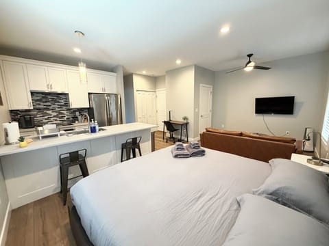 Couch, Platform bed, king bed, kitchen