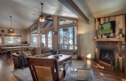 Open living room with gas fireplace