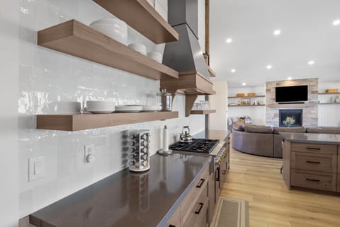 Kitchen stove and open shelving view