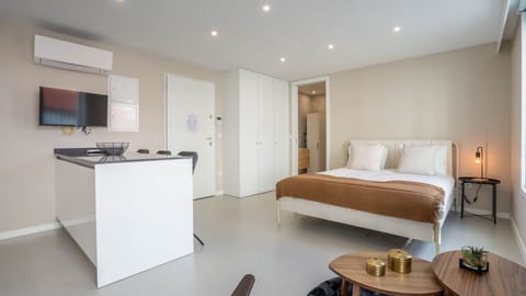 This open-concept studio space offers seamless living, combining a comfortable sleeping area with a practical kitchenette, allowing for effortless transitions between relaxation and meal preparation. The integrated design makes for an efficient and enjoya