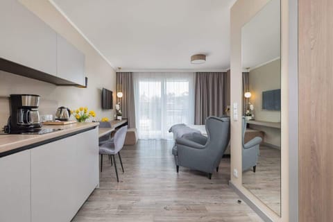 Open-plan living area with kitchenette, dining set, and comfortable seating.
