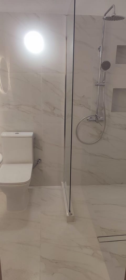 Rainfall showerhead, hair dryer, towels