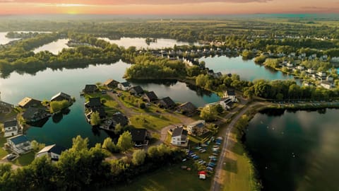 Bird’s-eye view of Waters Edge Lake at sunset