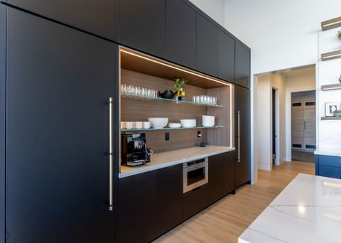 Built in fridge/freezer, drawer microwave, Jura automatic coffee maker included.