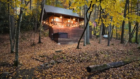 The outside of our cabin is nicely lit with bar lights so you can enjoy the relaxing glow in the hot tub!